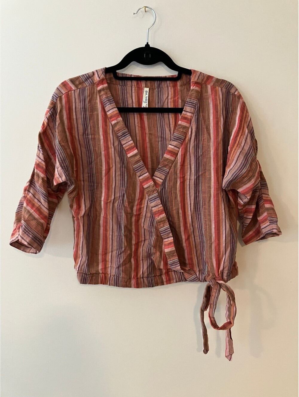 Girl Krazy Womens XS Striped Cotton Wrap Top Rust Purple Boho Tie Waist Crop